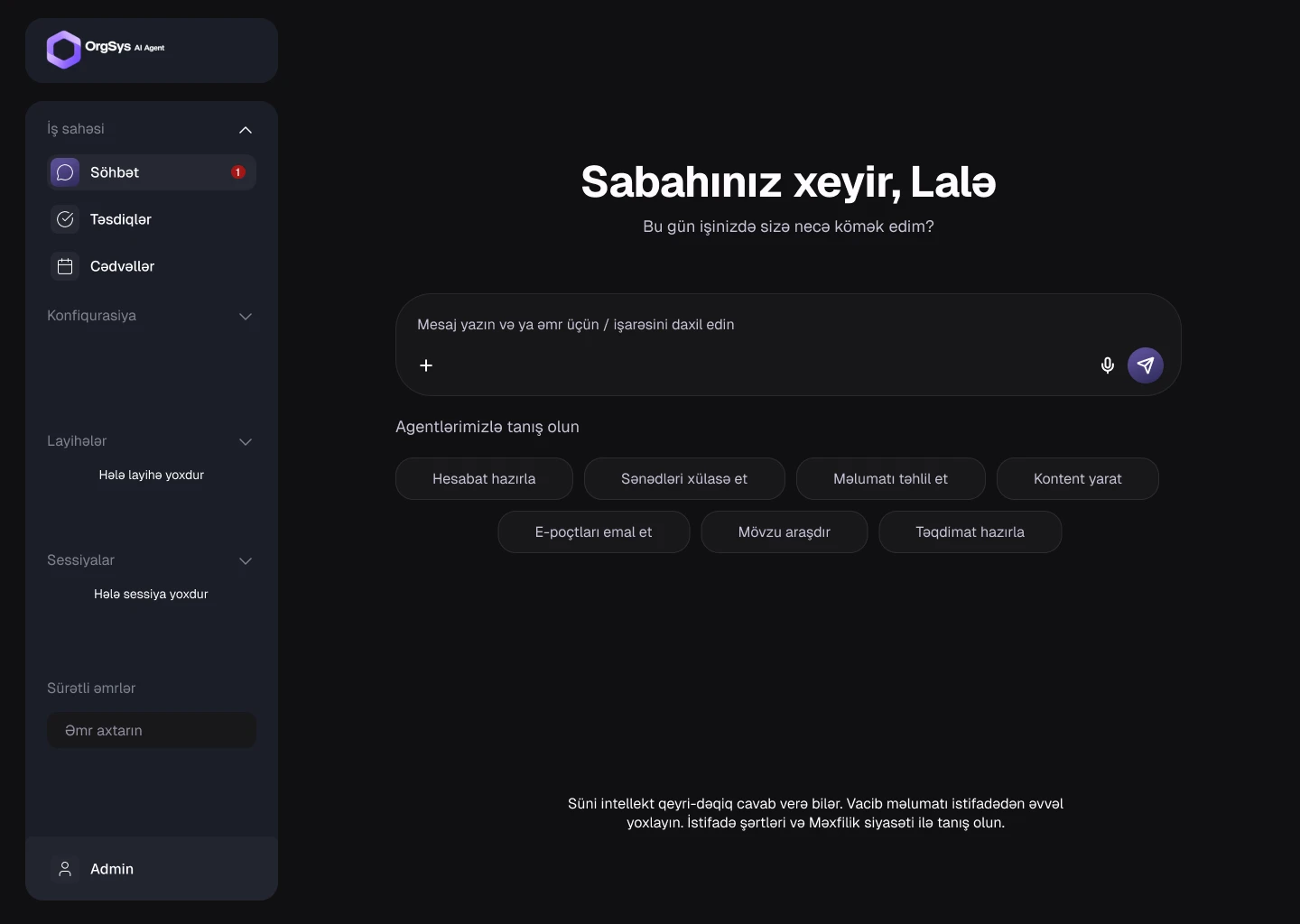OrgSys AI söhbət ekranı — sorğu sətri və hazır agent təklifləri